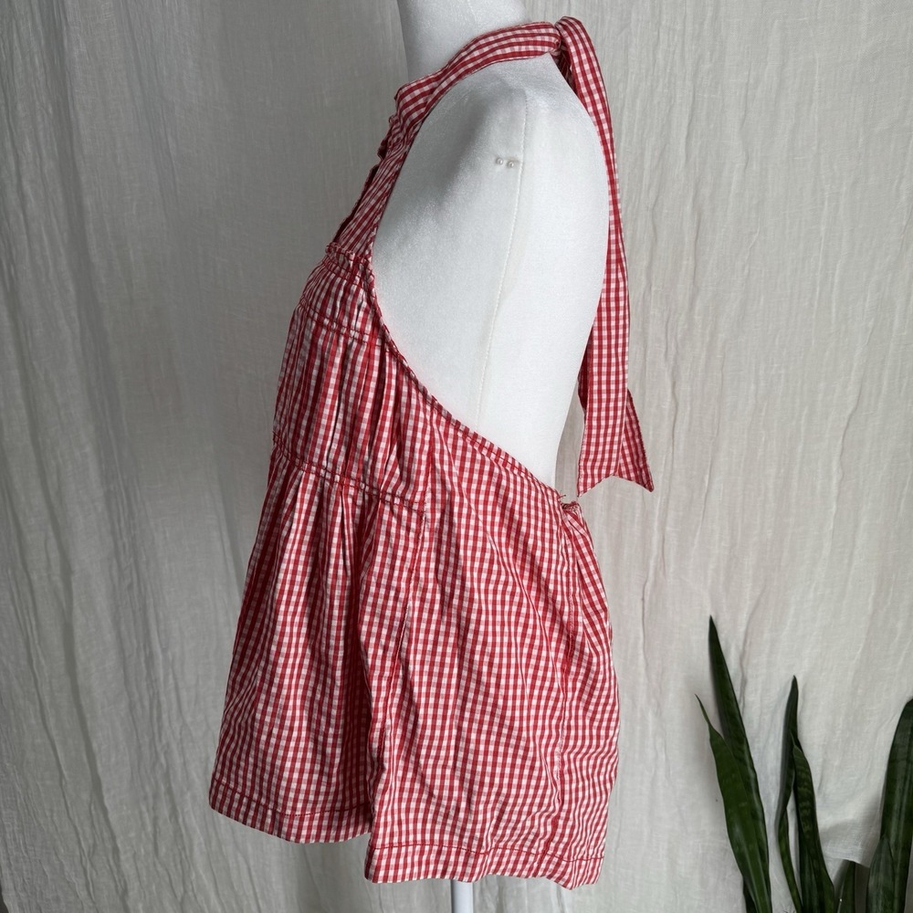 Free People Gingham Halter Top M Picnic Party Cottage Prairie Plaid Cotton Red - Picture 3 of 6